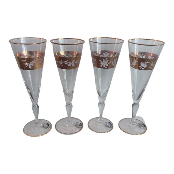 Hand Made Czech Bohemian Other - Hand Made Czech Bohemian Clear Crystal Gold Gilded Champagne Flute Glasses 7.5"